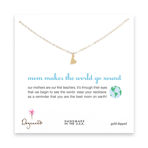 mom makes the world go round gold dipped necklace with sideways heart