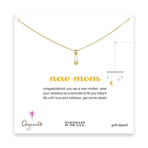 new mom necklace with gold dipped safety pin