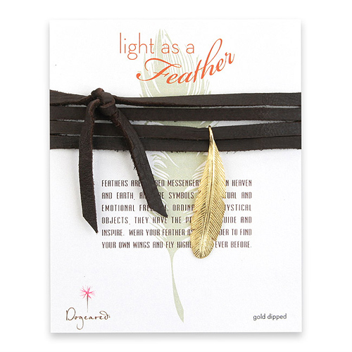 light as a feather large gold dipped feather necklace on leather