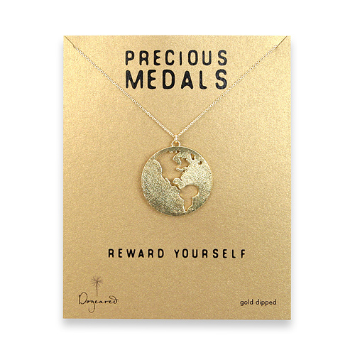 precious medals necklace with gold dipped world silhouette