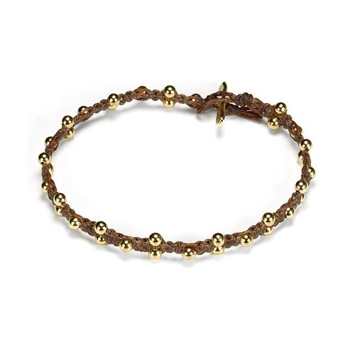 sparkle macrame bracelet with scattered brass beads on tobacco irish linen