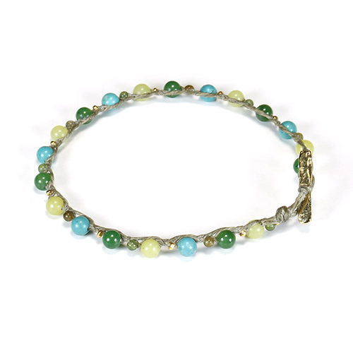 kitchen sink green multi bead single strand bracelet on moss irish linen