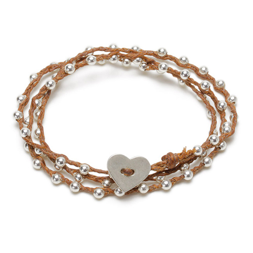 sparkle wrap bracelet with sterling silver heart closure on tobacco irish linen