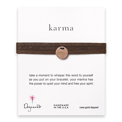 karma mantra rose gold dipped java leather wrap
