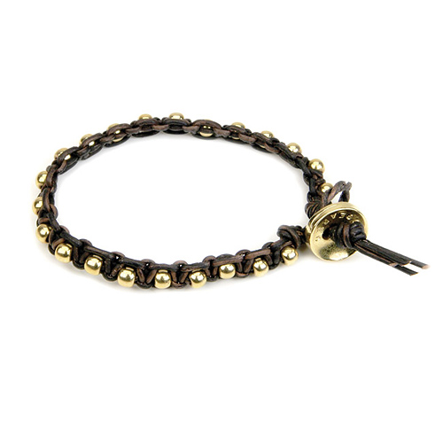 black leather bangle bracelet with gold dipped round beads