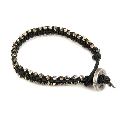 medium black leather bangle bracelet with oxidized beads
