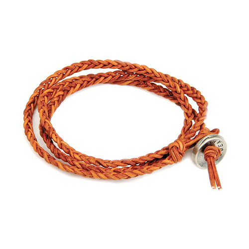 burnt orange triple fishtail leather bangle bracelet with silver bronze button