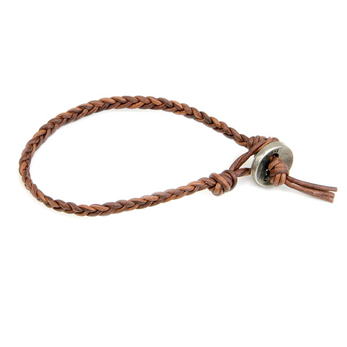 teak fishtail leather bangle bracelet with silver bronze button closure
