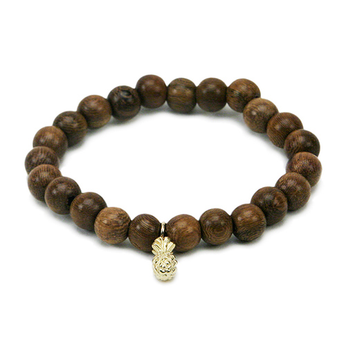 wood bracelet in teak with gold dipped pineapple