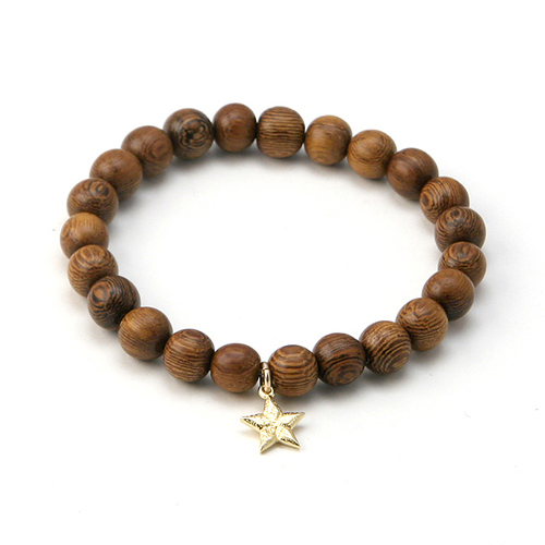 wood bracelet in teak with gold dipped lucky star