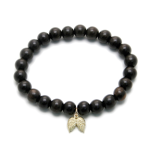 wood bracelet in ebony with gold dipped angel wings