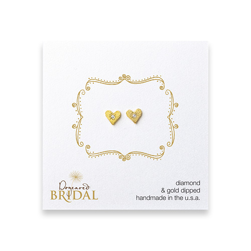 bridal heart diamond stud earrings, gold dipped