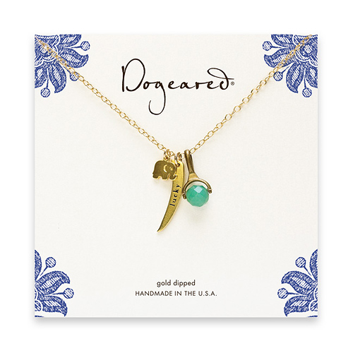 dogeared collection gold dipped 3 charm necklace - elephant, lucky, aventurine - 18 inches
