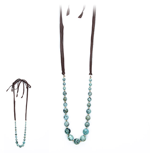 love bead necklace with turquoise beads, chocolate silk tie - 60 inches