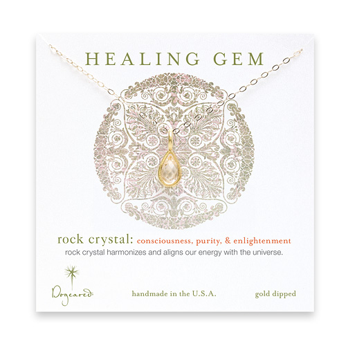 rock crystal teardrop healing gem gold dipped necklace - 20 inches