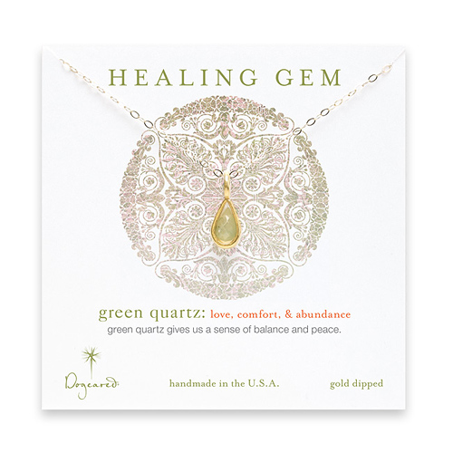 green quartz teardrop healing gem gold dipped necklace - 20 inches
