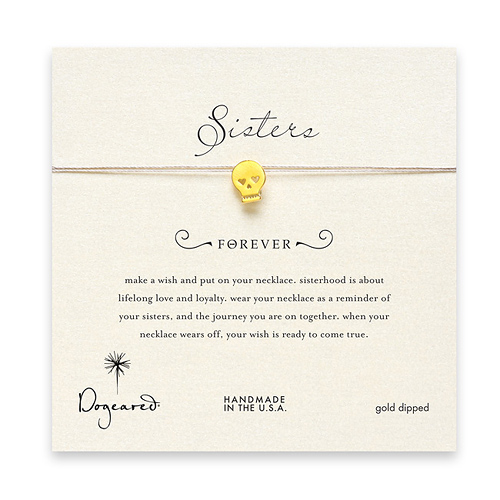 sorority sisters forever make a wish necklace with gold dipped skull on taupe thread