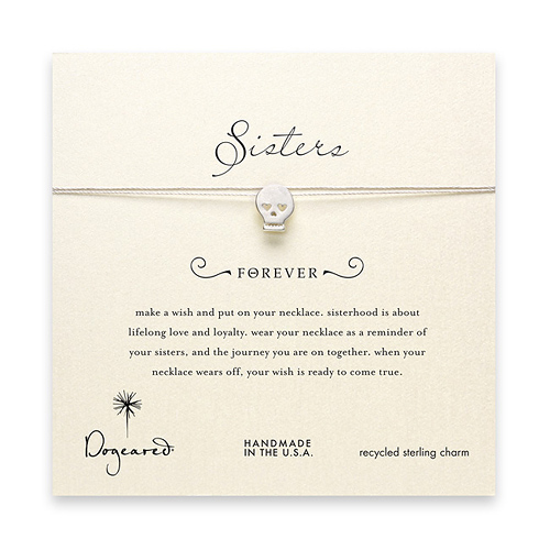 sorority sisters forever make a wish necklace with sterling silver skull on taupe thread