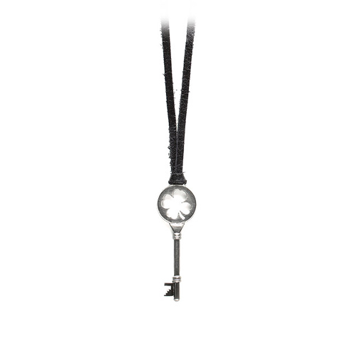 unlocked believing charcoal clover key necklace on black leather - 36 inch