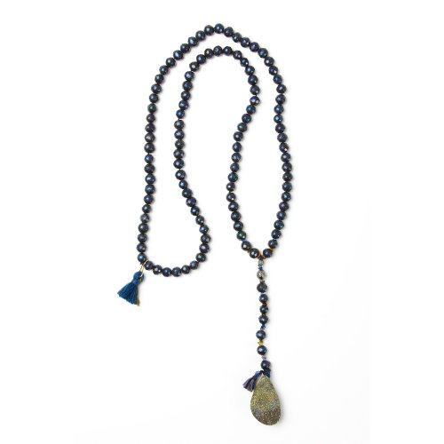 limited edition rainbow pyrite necklace, blue/black freshwater pearls