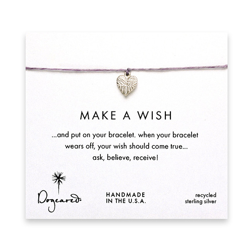 make a wish feather heart bracelet on lilac, sterling silver