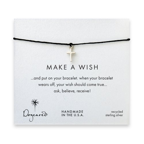 make a wish simple cross bracelet on black, sterling silver