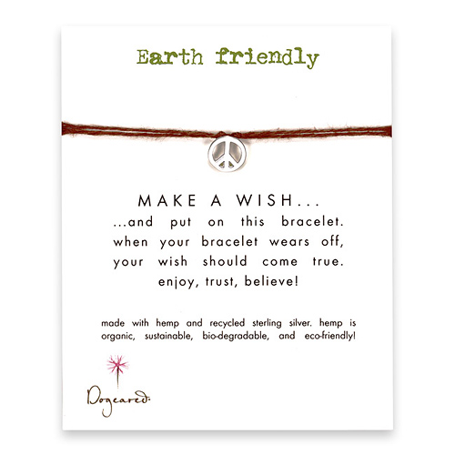 earth friendly make a wish bracelet with recycled peace sign on tobacco hemp