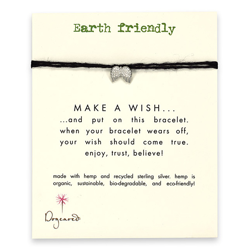 earth friendly make a wish bracelet with recycled angel wings on black hemp
