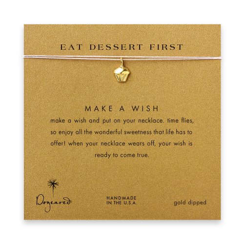 eat dessert first cupcake necklace on pink, gold dipped