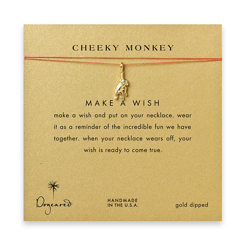 cheeky monkey, monkey necklace on orange, gold dipped