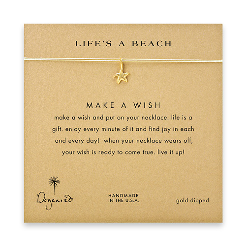 life's a beach starfish necklace on yellow, gold dipped
