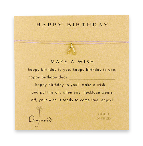 happy birthday make a wish necklace with gold dipped wishbone on lavender