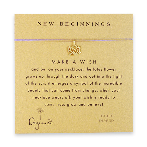 new beginnings make a wish necklace with gold dipped lotus on purple