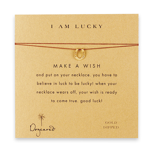 i am lucky make a wish necklace with gold dipped horseshoe on tobacco