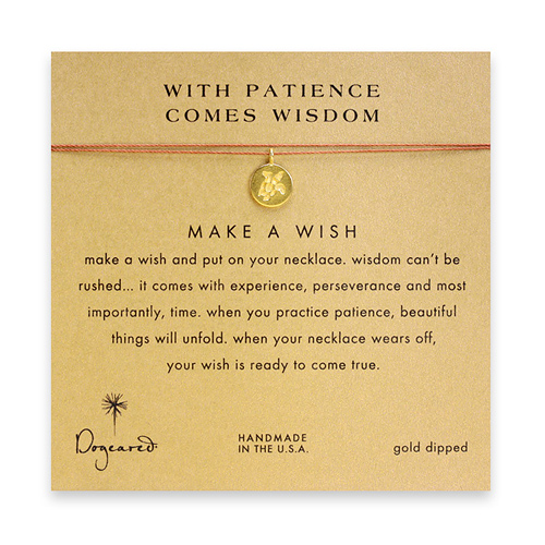 with patience comes wisdom make a wish necklace with gold dipped turtle on tobacco