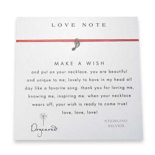 love note make a wish necklace with sterling silver music note on red