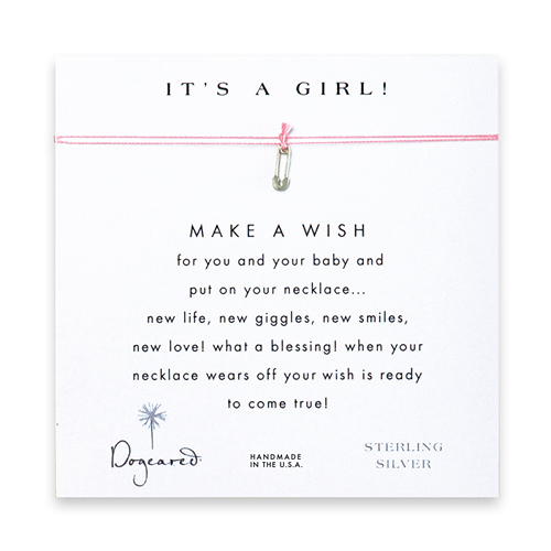 it's a girl make a wish necklace with sterling silver safety pin on pink
