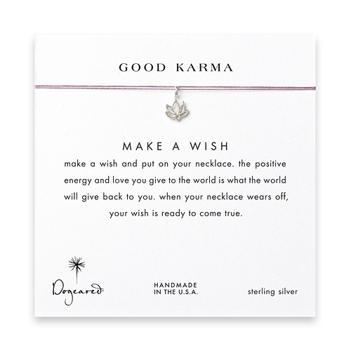 good karma lotus necklace on lavender, sterling silver