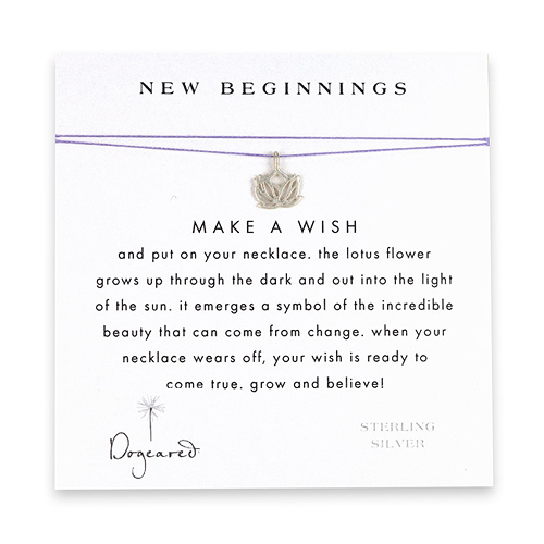 new beginnings make a wish necklace with sterling silver lotus on purple