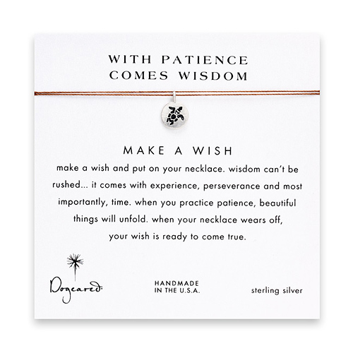 with patience comes wisdom make a wish necklace with sterling silver turtle on tobacco
