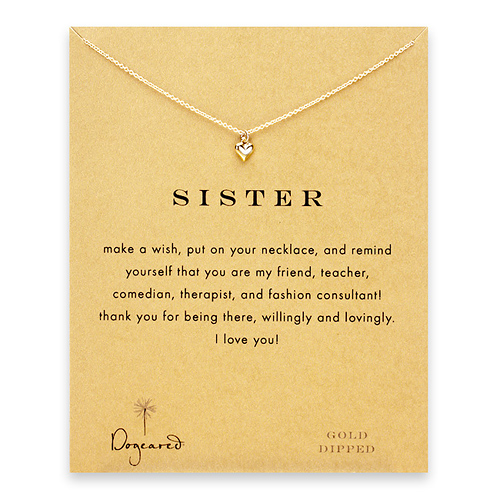 sister reminder necklace with gold dipped cupid heart