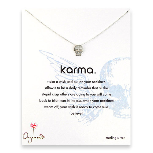 karma reminder necklace with sterling silver skull