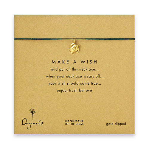 make a wish sea turtle necklace on evergreen, gold dipped