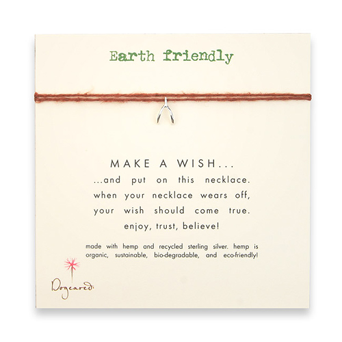 earth friendly make a wish necklace with recycled silver wishbone on tobacco hemp