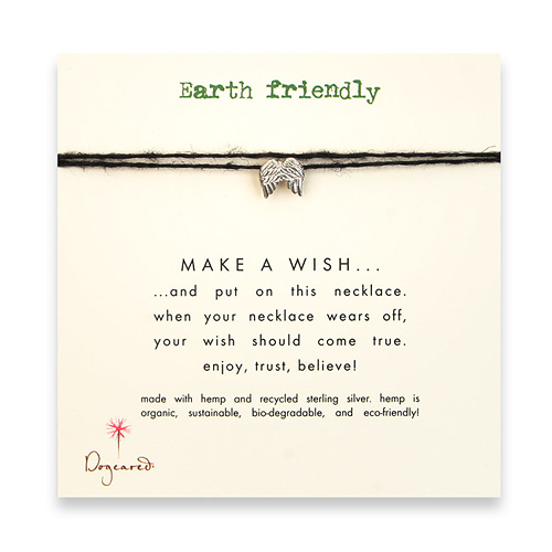 earth friendly make a wish necklace with recycled silver angel wings on black hemp
