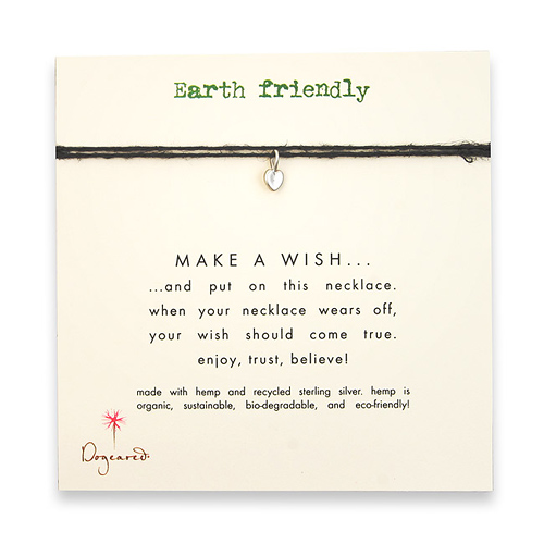 earth friendly make a wish necklace with recycled silver pure heart on black hemp