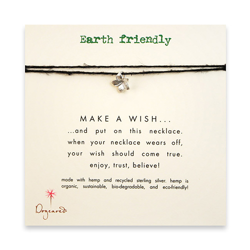 earth friendly make a wish necklace with recycled silver plumeria on black hemp