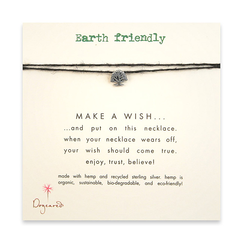earth friendly make a wish necklace with recycled silver small tree on black hemp