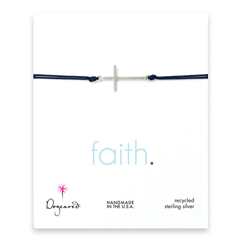 sideways cross bracelet on navy cord, sterling silver