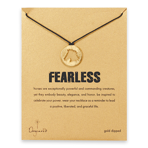 gold dipped fearless horse head silhouette necklace on black waxed cotton